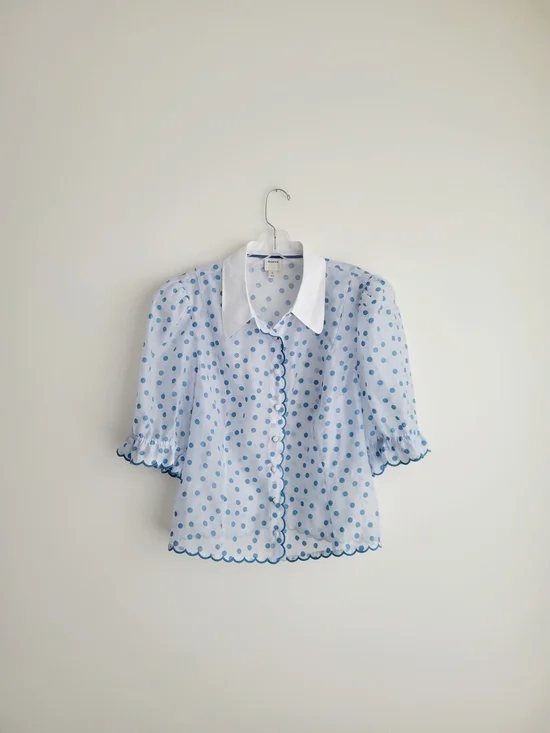 MAEVE by Anthropologie Blue Puff Shoulder Collared Polka Dot Sheer Blouse - Picture 2 of 10